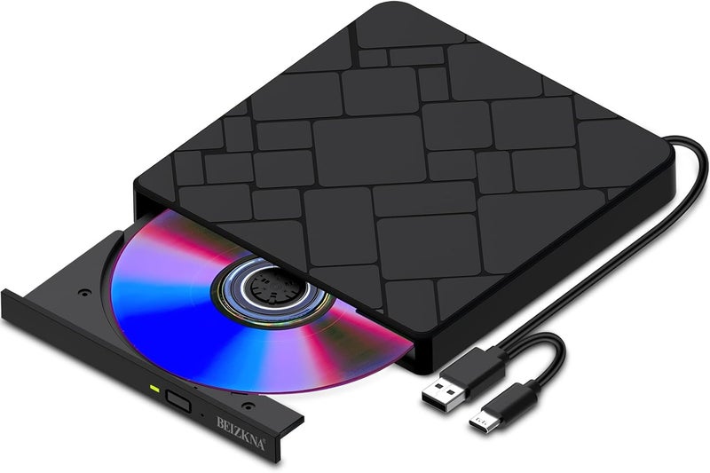 Beizkna External CD DVD Drive for Laptop USB 3.0 & Type-C Portable CD DVD Player for CD ROM +/-RW Burner Reader Writer Optical Disc Drive for Laptop Desktop PC Windows 11/10 Linux Mac OS Apple MacBook Pro - Image 1
